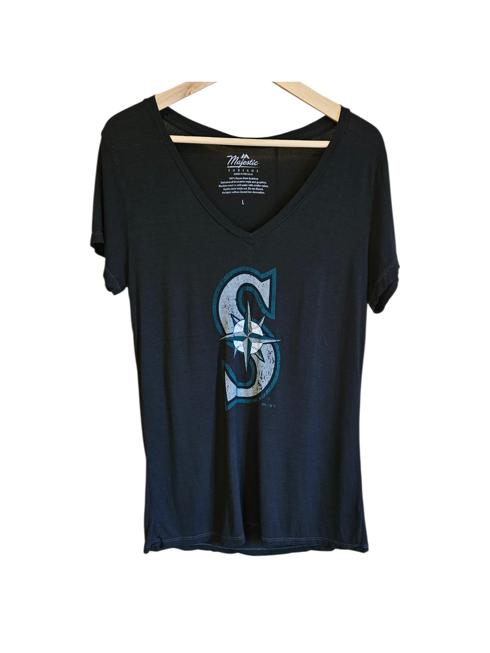 Majestic Threads Women’s Seattle Mariners T-Shirt Bamboo V-Neck Black Size Large